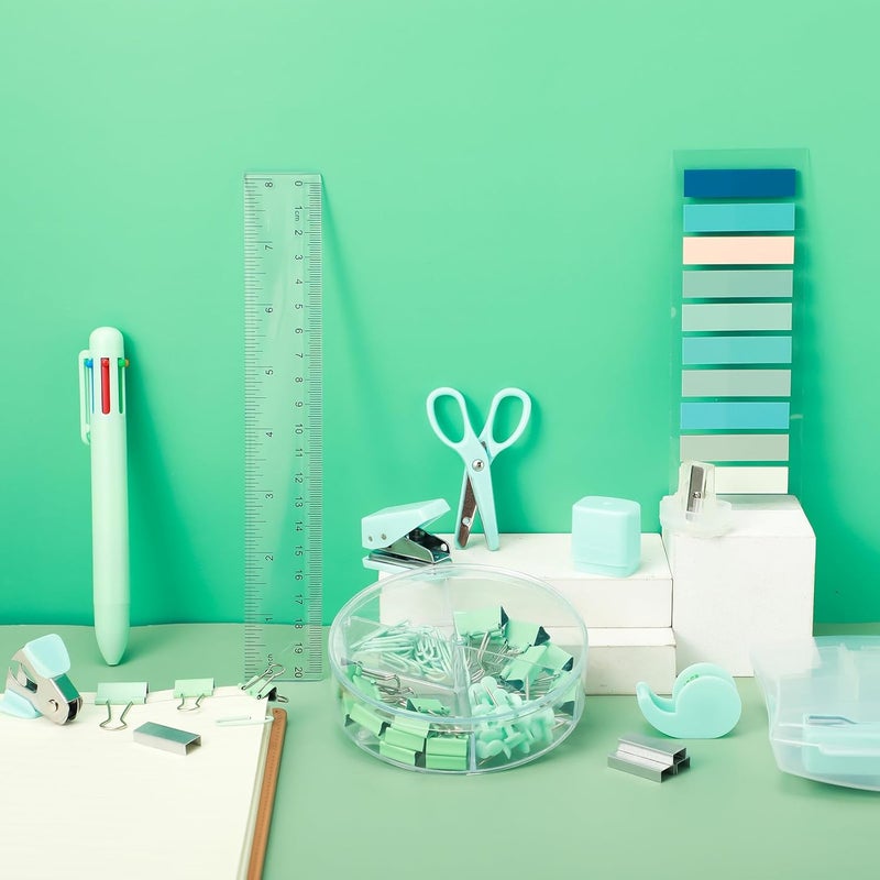 AuraRay Mini Office Supplies, Turquoise Green School Supplies with Sticky Notes,Mini Stapler,Tape Dispenser,Hole Punch,Staple Remover,Staples,Clips,Scissor,Pen (Green) - Image 3